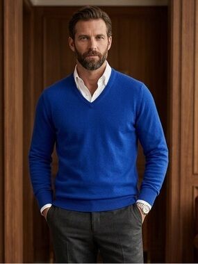 Florentine Flowers Italy 100% Loro Piana Cashmere V-Neck - Royal Blue -56 XL/XXL